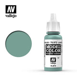 A white dropper bottle of light green-blue paint stands beside a matching circular color swatch. The label reads “MODEL COLOR” and “70.972,” with “vallejo” logos on the bottle and at upper left.