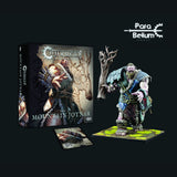 A painted Mountain Jotnar miniature stands on a green-edged base beside its illustrated box and a command card, holding a bare branching staff. The bearded figure wears blue-gray and brown gear with yellow bindings; the box reads “CONQUEST” and “MOUNTAIN JOTNAR,” with a “Para Bellum Wargames” logo above.