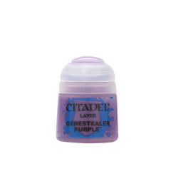 A squat paint pot with a pale lavender translucent cap and a purple label. The label reads “CITADEL,” “LAYER,” and “GENESTEALER PURPLE.”