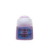 A squat paint pot with a pale lavender translucent cap and a purple label. The label reads “CITADEL,” “LAYER,” and “GENESTEALER PURPLE.”