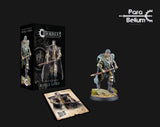 A painted Noble Lord miniature in silver and gold armor, a blue-gray fur cloak and sword stands on a grassy round base. Its box and illustrated command card are shown beside it, with “CONQUEST” and “NOBLE LORD” lettering.