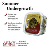 Clear plastic tub filled with tangled green and brown shrub-like basing material, labeled “SUMMER UNDERGROWTH” and “THE ARMY PAINTER.” The white product graphic also shows checkmarks and usage suggestions beside the tub.