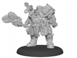 A single gray Combat Engineer miniature stands on a black oval base, wearing bulky layered armor with equipment and pouches. One arm extends outward holding a large, angular tool or weapon; shown against a plain white background.