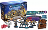Warcaster: Iron Star Alliance starter set arranged around a blue illustrated game box with the title “WARCASTER.” Several dark sci-fi miniatures with yellow accents stand beside red and white dice, teal and purple tokens, and stacks of colorful cards.