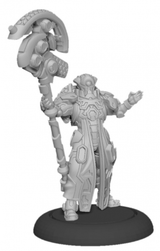 Unpainted gray Paladin Weaver miniature standing on a round black base, wearing detailed layered armor and robes. The figure holds a tall staff topped with an oversized curved, mechanical-looking ornament and raises its other hand.