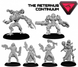 Six gray sci-fi miniatures on black oval bases: two larger armored figures with weapons above four smaller cloaked or armored figures. The heading reads “THE AETERNUS CONTINUUM,” beside a red triangular eye emblem.