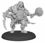 Unpainted gray Grafter miniature on a round black base, shown alone in a hooded armored outfit with several arms holding bladed tools and a large circular saw.