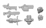 Gray, unpainted Dusk Wolf B weapon pack parts arranged separately on a white background, including several futuristic guns, a long launcher-like weapon, a central rounded component and two smaller head-shaped pieces. No cards are visible.