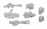 Unpainted gray sci-fi miniature parts from the Scourge A weapon pack are arranged on a white background: five differently shaped weapons, including long barrels and pointed pods, with two compact rounded cortex pieces at the right.