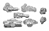 Gray, unpainted sci-fi miniature parts from the Warcaster: Scourge B weapon pack are arranged separately on a white background, including several angular guns, a rounded dome-shaped component, and two compact mechanical units.