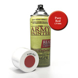 A tall spray primer can with a black nozzle and olive-green label stands beside its white cap, lying on its side with a red color swatch and “PURE RED” visible. The label reads “THE ARMY PAINTER,” and a red callout says “Pure Red CP3006.”