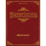 Front cover of a red, book-shaped Pathfinder: Second Edition Bestiary with ornate gold borders and decorative flourishes. The cover reads “SECOND EDITION,” “PATHFINDER,” and “BESTIARY.”