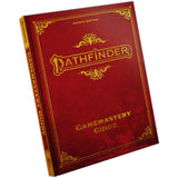 A red, leather-look hardcover Pathfinder Second Edition Gamemastery Guide shown at an angle, with ornate gold borders and flourishes. The cover reads “PATHFINDER,” “SECOND EDITION,” and “GAMEMASTERY GUIDE.”