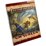 Angled front cover of the Pathfinder: Second Edition GM Screen, with a red and parchment-colored border around fantasy artwork of armored adventurers facing a large blue-and-gold dragon. The cover reads “PATHFINDER,” “SECOND EDITION” and “GM SCREEN.”