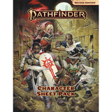 Cover of the Pathfinder: Second Edition Character Sheet Pack, showing a group of fantasy adventurers with weapons in a stone passage. The dark illustrated cover reads “PATHFINDER,” “SECOND EDITION,” and “CHARACTER SHEET PACK.”