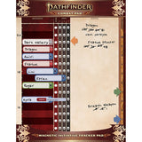 A red, cream and gold Pathfinder combat pad shows an initiative tracker with blue, red and green name magnets beside skull-marked columns, plus handwritten battle notes on the right. The ornate top reads “PATHFINDER” and “COMBAT PAD.”