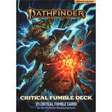 Front cover of the Pathfinder: Second Edition Critical Fumble Deck, showing an armored fantasy creature surrounded by blue lightning and an orange fiery burst. The cover reads “PATHFINDER,” “SECOND EDITION,” “CRITICAL FUMBLE DECK” and “54 CRITICAL FUMBLE CARDS.”