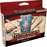 A red, black, and tan Pathfinder: Second Edition Weapons & Armor Deck box shown from the front and slightly above, with a blue shield, crossed swords, a bow, and other weapons illustrated on the front. The package reads “PATHFINDER,” “WEAPONS & ARMOR DECK,” and “SECOND EDITION.”