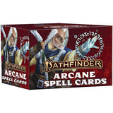 A burgundy rectangular box for Pathfinder arcane spell cards, shown from the front and left side. Both panels depict a white-haired, bearded wizard casting a spell; the front reads “PATHFINDER” and “ARCANE SPELL CARDS.”