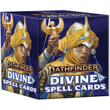 A dark blue-purple Pathfinder Divine Spell Cards box shown at an angle, with the front and left side visible. Both panels feature a gold-and-blue illustrated figure in an ornate headdress; the front reads “PATHFINDER” and “DIVINE SPELL CARDS.”