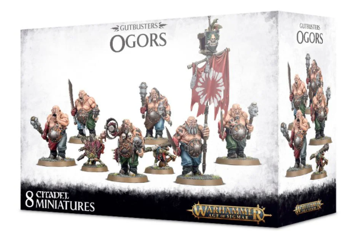 Angled view of a white and black miniature box showing several muscular fantasy Ogors with weapons and a red banner on round bases. The front reads “GUTBUSTERS OGORS” and “8 CITADEL MINIATURES,” with “WARHAMMER AGE OF SIGMAR” branding; the side repeats the figures and title.