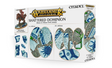 Box of oval miniature bases with blue, pale stone, green and gray cracked-terrain patterns, shown in several sizes alongside rubble pieces and a mounted miniature illustration. The front reads “WARHAMMER AGE OF SIGMAR” and “SHATTERED DOMINION.”