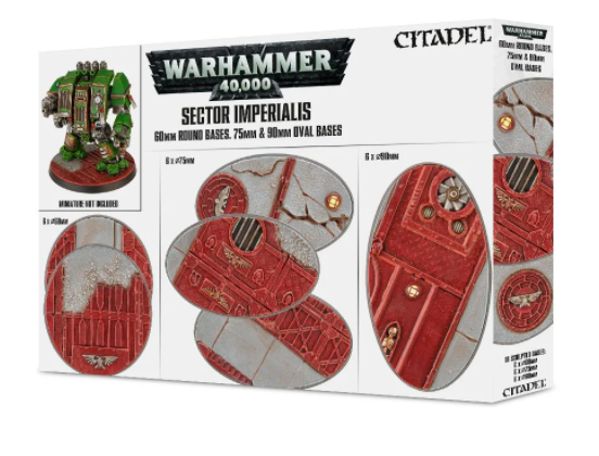White Warhammer 40,000: Sector Imperialis bases box showing red and gray round and oval bases with raised industrial panel details, plus a green armored miniature at upper left. The front reads “WARHAMMER 40,000” and “SECTOR IMPERIALIS.”
