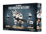 Box for the Tau Empire XV88 Broadside Battlesuit miniatures, showing a white and gray armored mech with orange details and a long gun, flanked by two small hovering drones on stands. The box reads “TAU EMPIRE XV88 BROADSIDE BATTLESUIT” and “3 MINIATURES.”