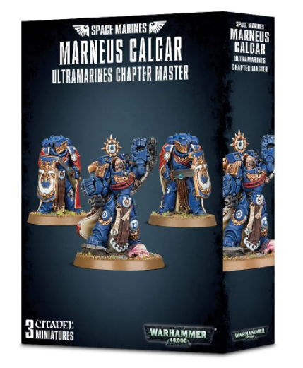 Dark navy miniature box showing several blue-armored Ultramarines figures with gold details, shields and weapons on round bases; the front reads “MARNEUS CALGAR” and “ULTRAMARINES CHAPTER MASTER,” with matching artwork repeated on the side.
