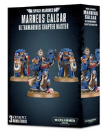 Dark navy miniature box showing several blue-armored Ultramarines figures with gold details, shields and weapons on round bases; the front reads “MARNEUS CALGAR” and “ULTRAMARINES CHAPTER MASTER,” with matching artwork repeated on the side.