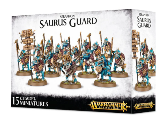 Box for Seraphon Saurus Guard miniatures, showing a group of blue-scaled reptilian warriors with spears and decorated shields on round bases. The front reads “SERAPHON SAURUS GUARD” and “15 CITADEL MINIATURES,” with “WARHAMMER AGE OF SIGMAR” logos; the right side shows more figures.
