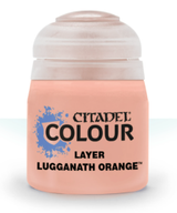 Small peach-orange paint pot with a rounded pale lid, shown upright against a light background. Its front label has a blue splatter graphic and the text “CITADEL COLOUR,” “LAYER,” and “LUGGANATH ORANGE.”