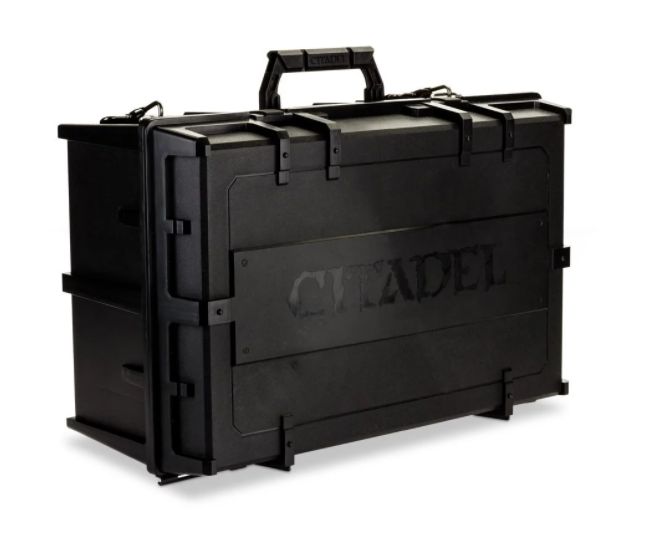 Black rectangular figure-storage case shown closed against a white background, with a molded top handle, several securing latches and a large front panel embossed with “CITADEL.”