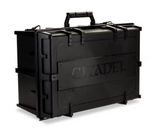 Black rectangular figure-storage case shown closed against a white background, with a molded top handle, several securing latches and a large front panel embossed with “CITADEL.”