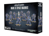 Black box shown at an angle, with blue-and-gold armored Space Marine miniatures pictured across the front and one on the side. The front reads “MARK III SPACE MARINES” and “10 CITADEL MINIATURES.”