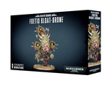 Box for a Foetid Bloat-Drone miniature, shown from the front and right side. The dark blue packaging features artwork of a spiked, mottled green hovering machine with tentacles and mechanical parts; the front reads “FOETID BLOAT-DRONE” and “WARHAMMER 40,000.”