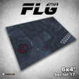 A rectangular gaming mat shown at an angle, printed with a dark gray sci-fi industrial floor plan, panel lines, and red markings. The graphic includes “FLG Mats,” “6x4’,” and “Sector 17.”