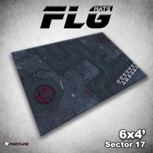 A rectangular gaming mat shown at an angle, printed with a dark gray sci-fi industrial floor plan, panel lines, and red markings. The graphic includes “FLG Mats,” “6x4’,” and “Sector 17.”