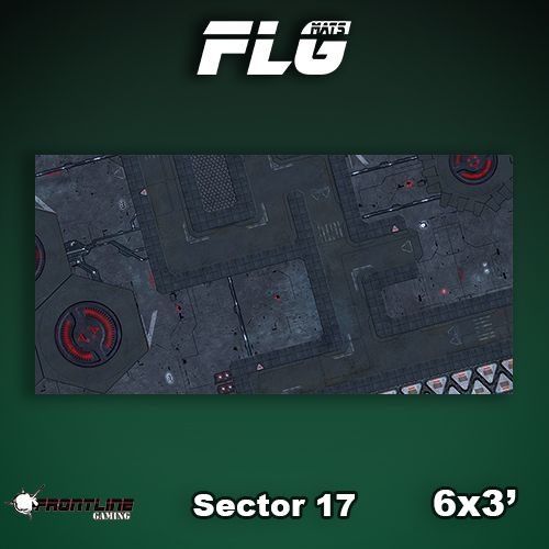 A rectangular gaming mat printed with a dark gray sci-fi industrial map, including panels, circular markings and small red lights. The display reads “FLG,” “Sector 17” and “6x3’.”