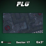 A rectangular gaming mat printed with a dark gray sci-fi industrial map, including panels, circular markings and small red lights. The display reads “FLG,” “Sector 17” and “6x3’.”