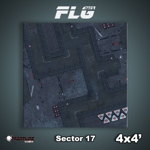 Square gaming mat shown from above, printed with a dark gray sci-fi urban map of streets, gridded surfaces, and small red details. The graphic is labeled “FLG MATS,” “Sector 17,” and “4x4’.”