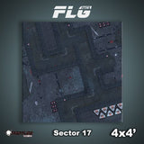 Square gaming mat shown from above, printed with a dark gray sci-fi urban map of streets, gridded surfaces, and small red details. The graphic is labeled “FLG MATS,” “Sector 17,” and “4x4’.”