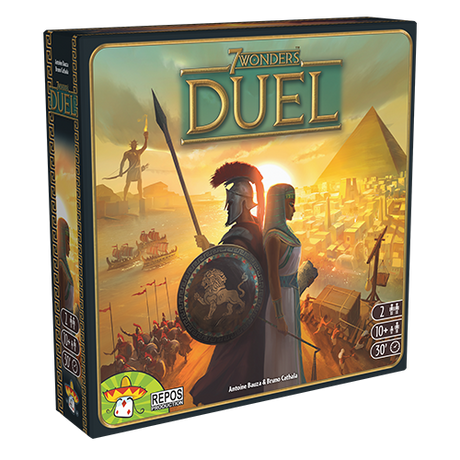 Angled view of the 7 Wonders Duel board game box, showing its front and narrow spine. The cover depicts an armored warrior with a round shield before an ancient city, pyramids and opposing armies, with the title “7 Wonders Duel” in large gold lettering.