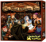 Front of the Red Dragon Inn board game box, with a dragon curling above fantasy adventurers partying around a tavern table; a narrow illustrated side panel is visible. The cover reads “The Red Dragon Inn” and “SLUGFEST GAMES.”