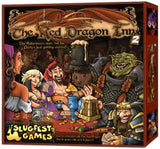 Front and right side of a red-brown Red Dragon Inn 2 board game box. The front shows colorful fantasy adventurers gathered around a tavern table, with a large green creature behind them and the titles “The Red Dragon Inn 2” and “SLUGFEST GAMES.”