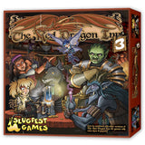 The Red Dragon Inn 3 board game box, shown from the front with its right side visible. Fantasy characters gather around a tavern table; the ornate cover reads “The Red Dragon Inn” and “3,” with “SLUGFEST GAMES” at the bottom.