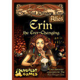 Red-bordered game expansion box cover showing a red-haired elf woman seated at a tavern table beside a foaming mug, with patrons in the background. The cover reads “The Red Dragon Inn,” “Allies,” and “Erin the Ever-Changing.”