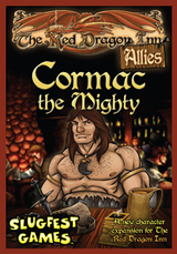Box cover for Red Dragon Inn: Allies – Cormac, showing an illustrated muscular, bare-chested warrior in a tavern, with a mug in the foreground. The cover reads “The Red Dragon Inn,” “Allies,” “Cormac the Mighty,” and “Slugfest Games.”