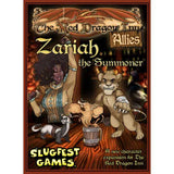 The Red Dragon Inn: Allies—Zariah the Summoner card game box cover, framed in dark red and black. Zariah raises an arm beside a large lion-like creature, a ferret and a small orange elemental; text reads “The Red Dragon Inn,” “Allies,” “Zariah the Summoner” and “SLUGFEST GAMES.”