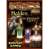 Front of the Red Dragon Inn character expansion box, with a long-haired shaman beside three glowing totems against a dark tavern-like background. Ornate lettering reads “The Red Dragon Inn,” “Allies,” and “Halden the Unhinged,” with “SLUGFEST GAMES” at the bottom.